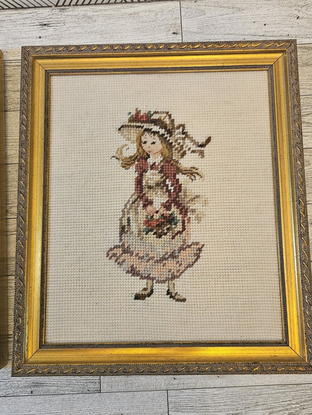 Pair Of Framed Vintage Needlepoint Girls In Floral Dress Grandmacore *No Glass - Picture 2 of 8